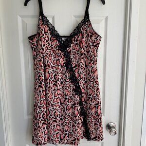 Delta Burke Womens Pink & Black Leopard Print Lace Trim Nightgown Slip Dress